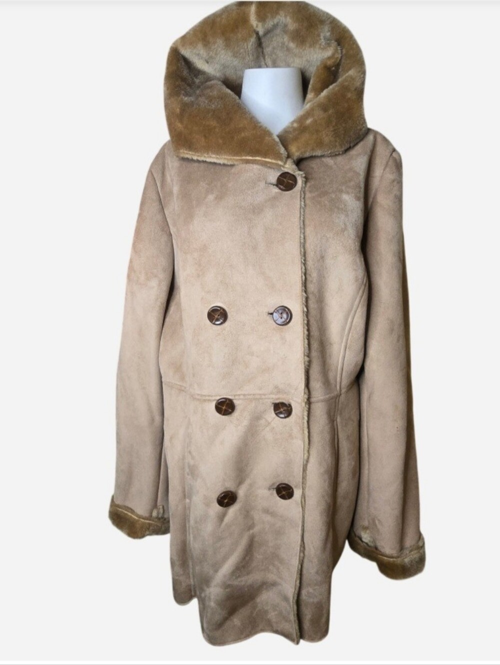 Jaclyn Smith Taupe Faux Suede Shearling Hooded Coat XL